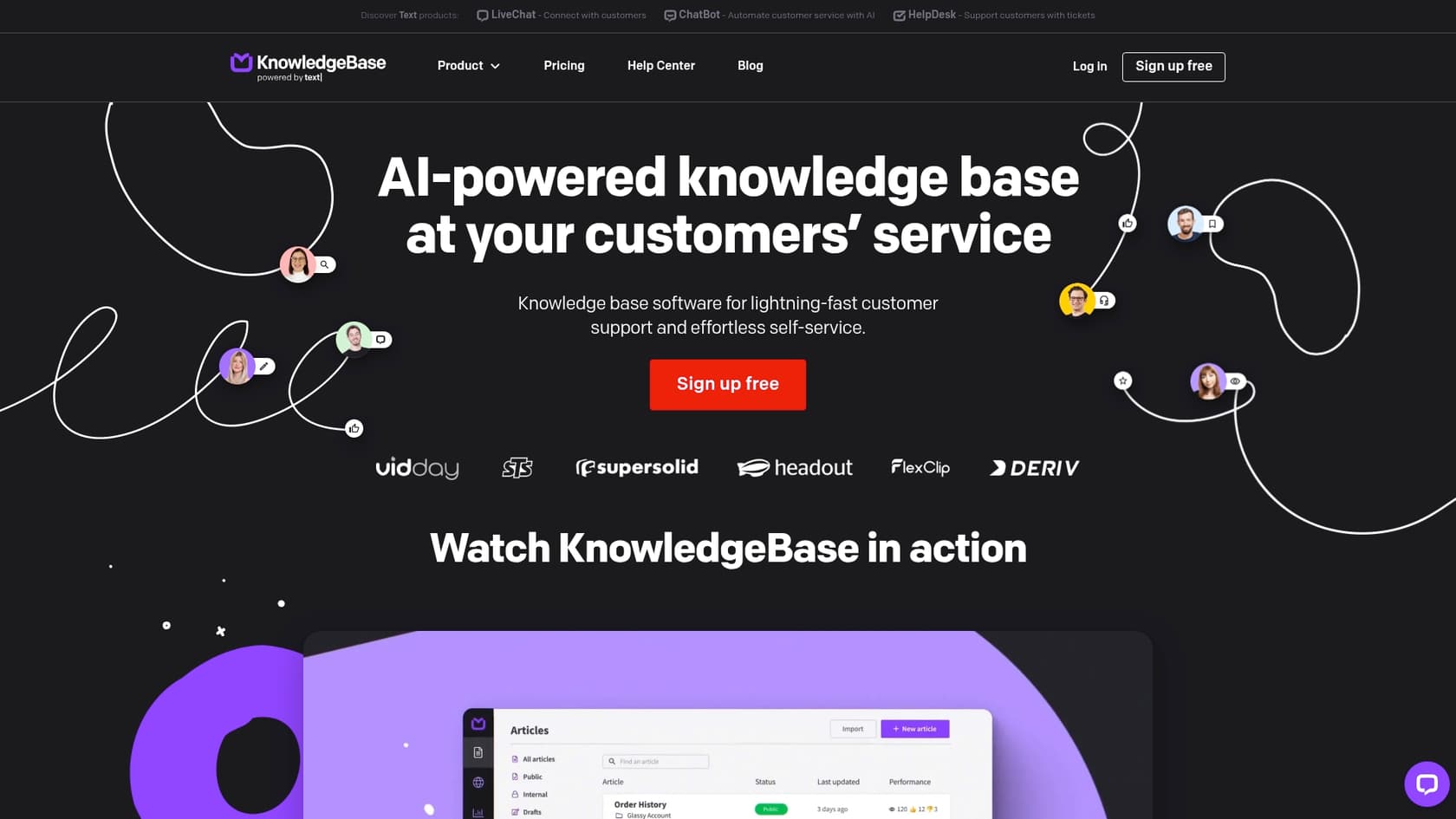 A screenshot of the KnowledgeBase.com landing page, one of the top AI powered CRM alternatives for savvy businesses.