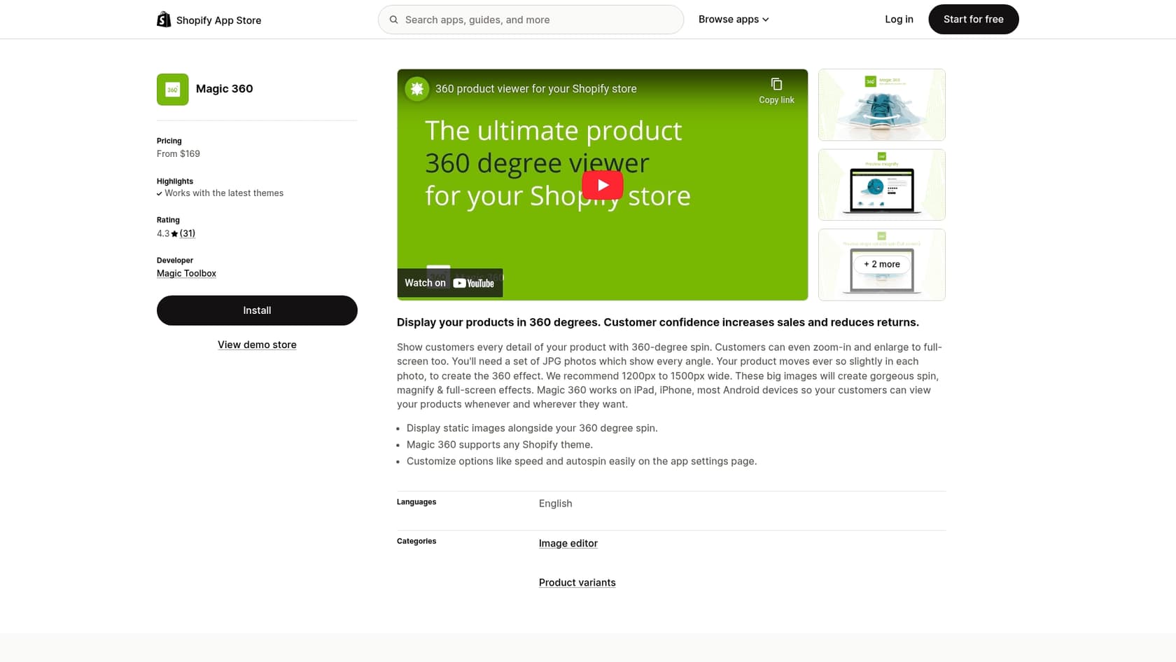 A screenshot of the Magic 360 app page on the Shopify App Store, a tool for 3D product views.