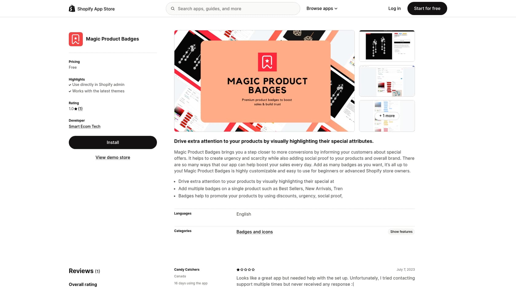 A screenshot of the Magic Product Badges app, for adding promotional badges to products.