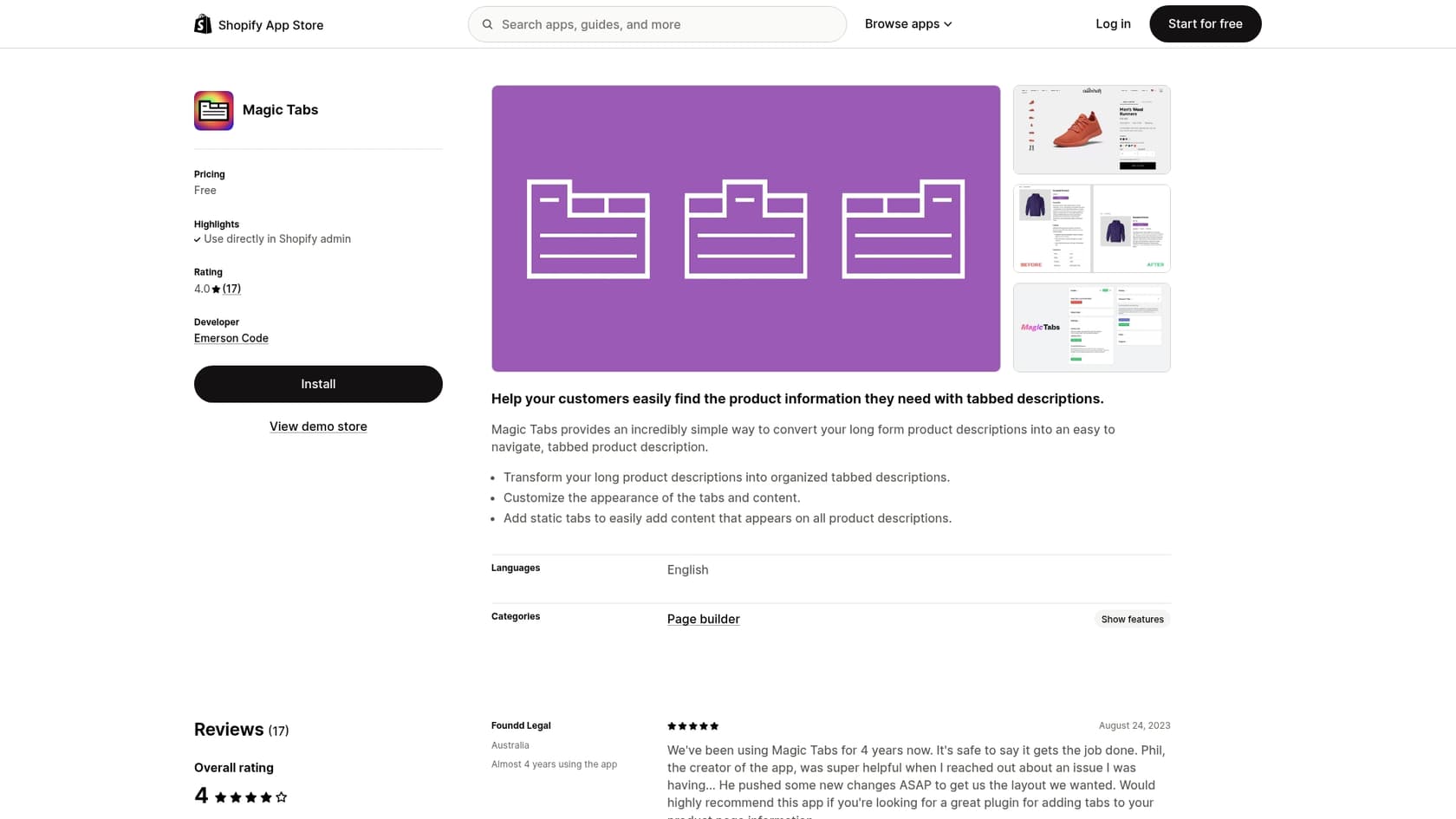 A screenshot of the Magic Tabs app page, used for organizing product pages.