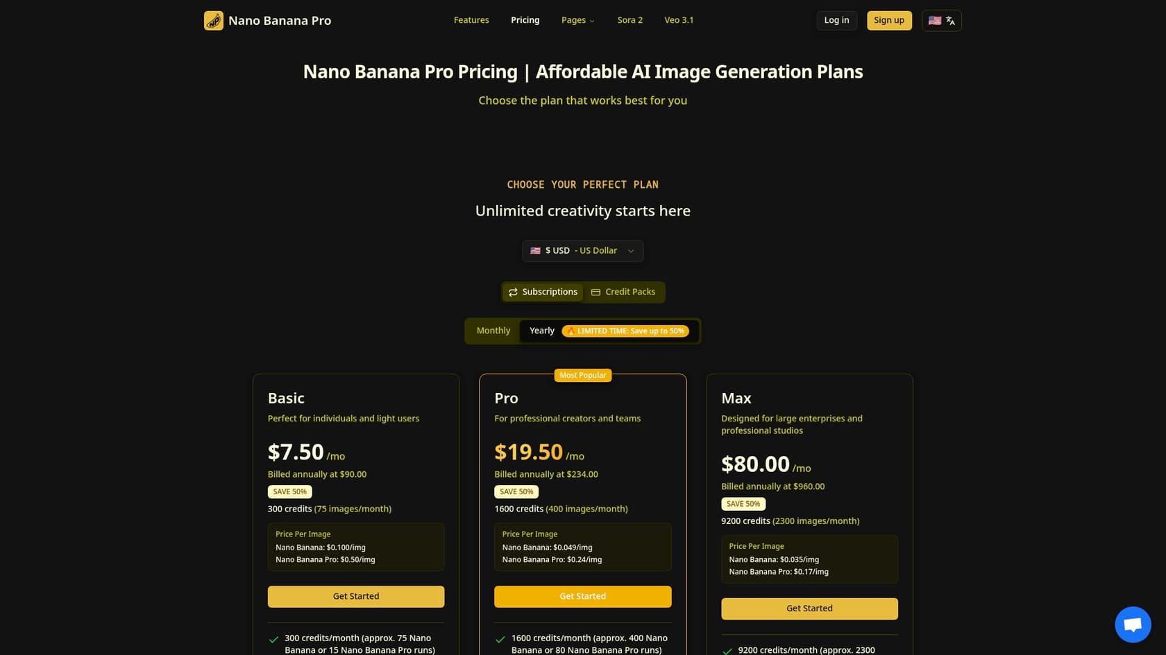 A screenshot of the nanobanana-pro.com pricing page, showing their credit-based plans. This visual supports the nano banana pro pricing guide.