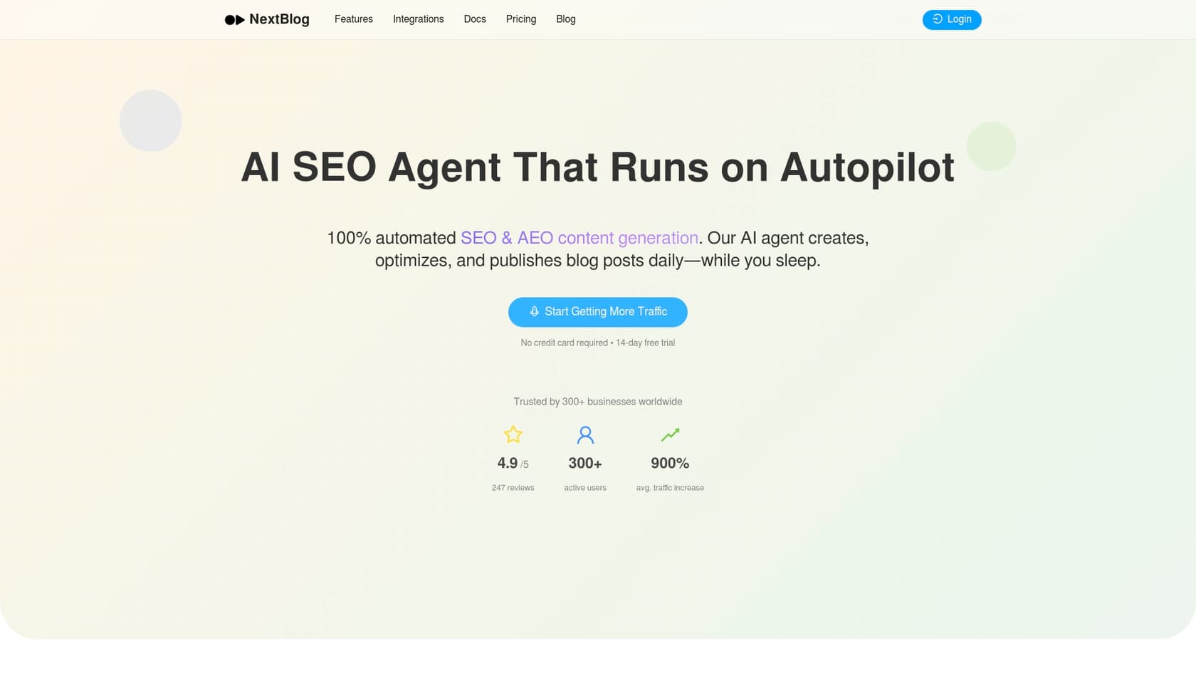 A screenshot of the NextBlog.ai landing page, an AI automated blog platform.