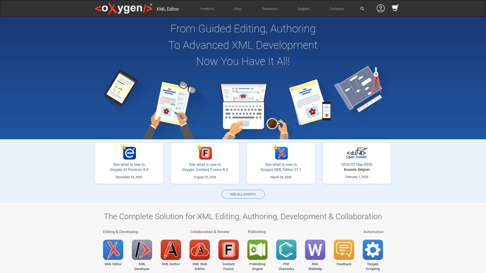 A screenshot of the oXygen XML Editor landing page, an example of AI tools for technical writers.