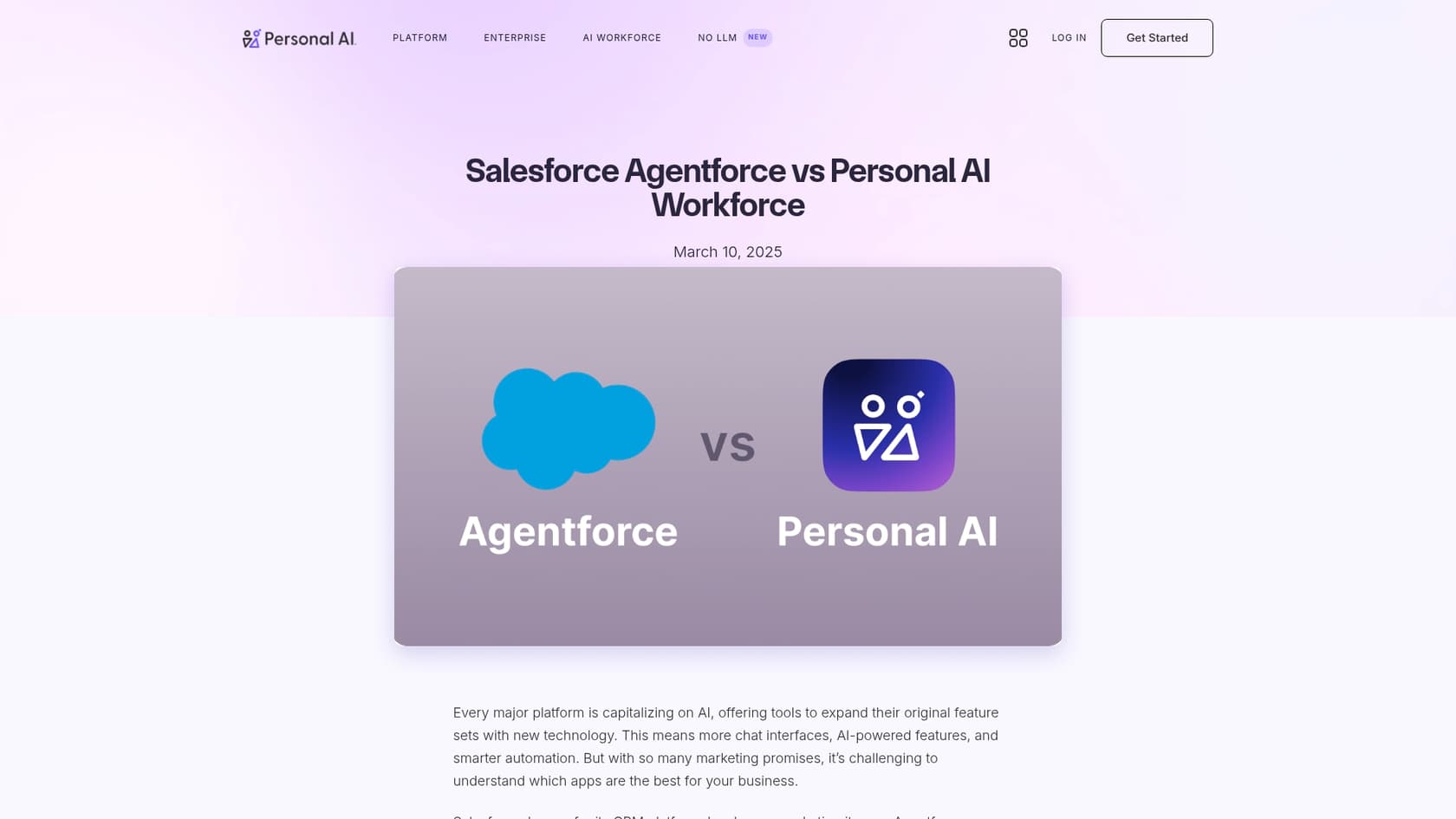 A screenshot of the Personal AI Workforce landing page, which is a key part of the Salesforce Agentforce vs Personal AI Workforce comparison.