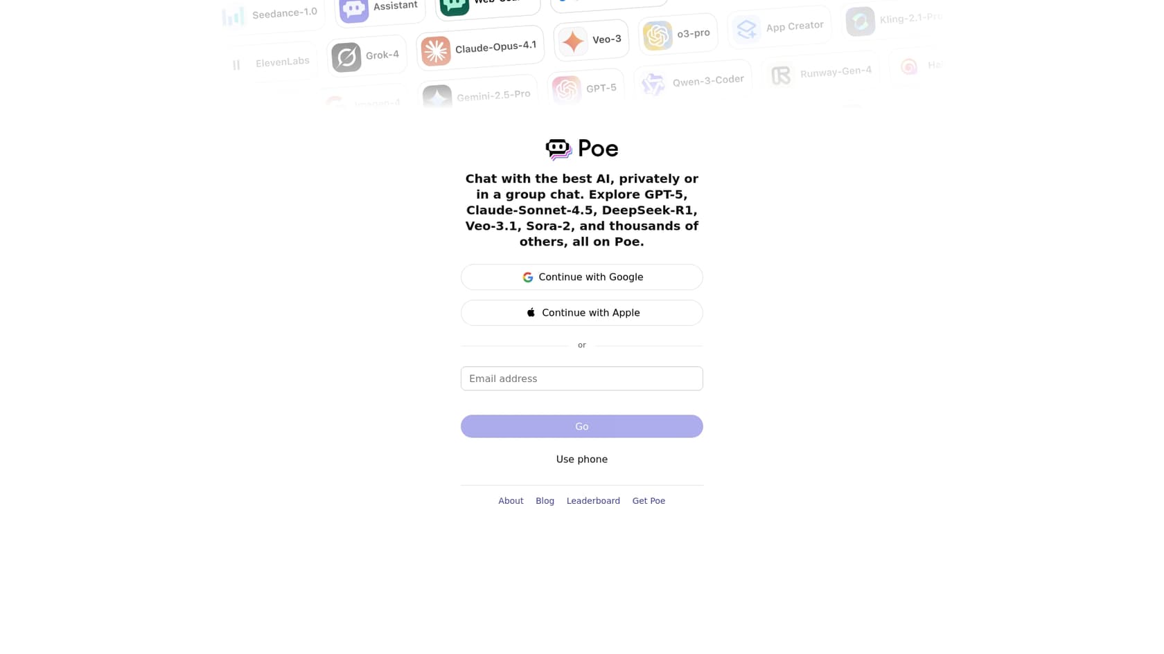 A screenshot of Poe by Quora, showcasing its interface as a ChatGPT group chat alternative with access to multiple AI models.