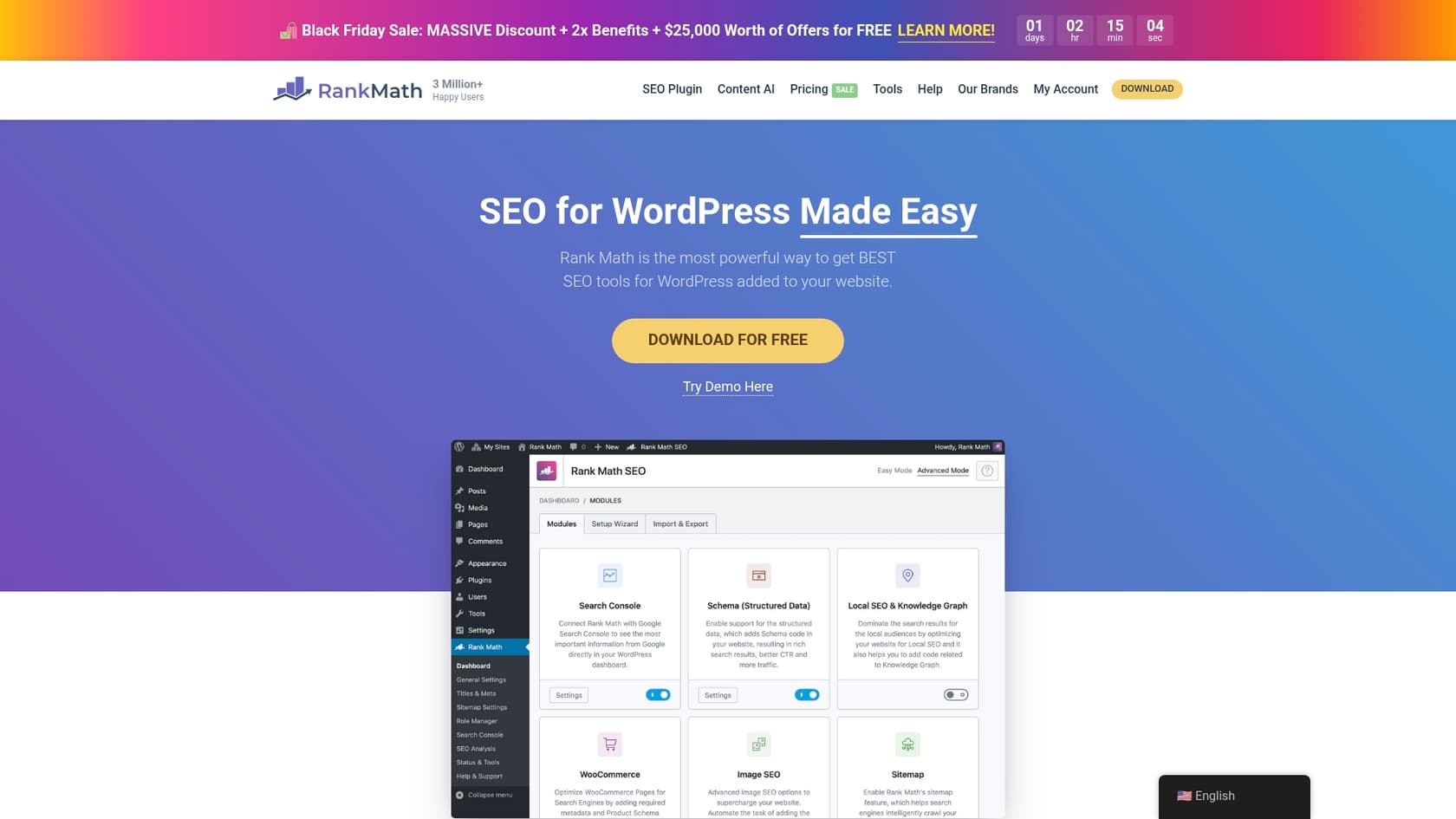 A screenshot of the Rank Math SEO landing page, one of the best WordPress AI content writers.