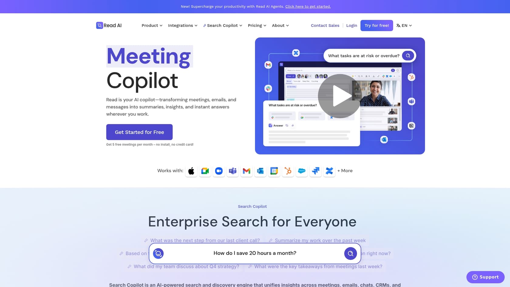 A screenshot of the Read.ai landing page, one of the best AI tools that integrate with HubSpot.