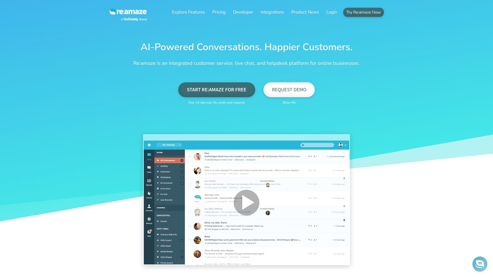 A screenshot of the Re:amaze landing page, another one of the AI tools integration with Gorgias.