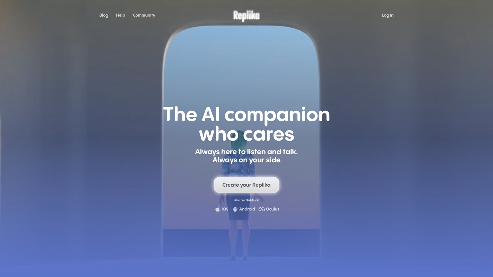 A look at the Replika AI landing page, introducing the AI companion.