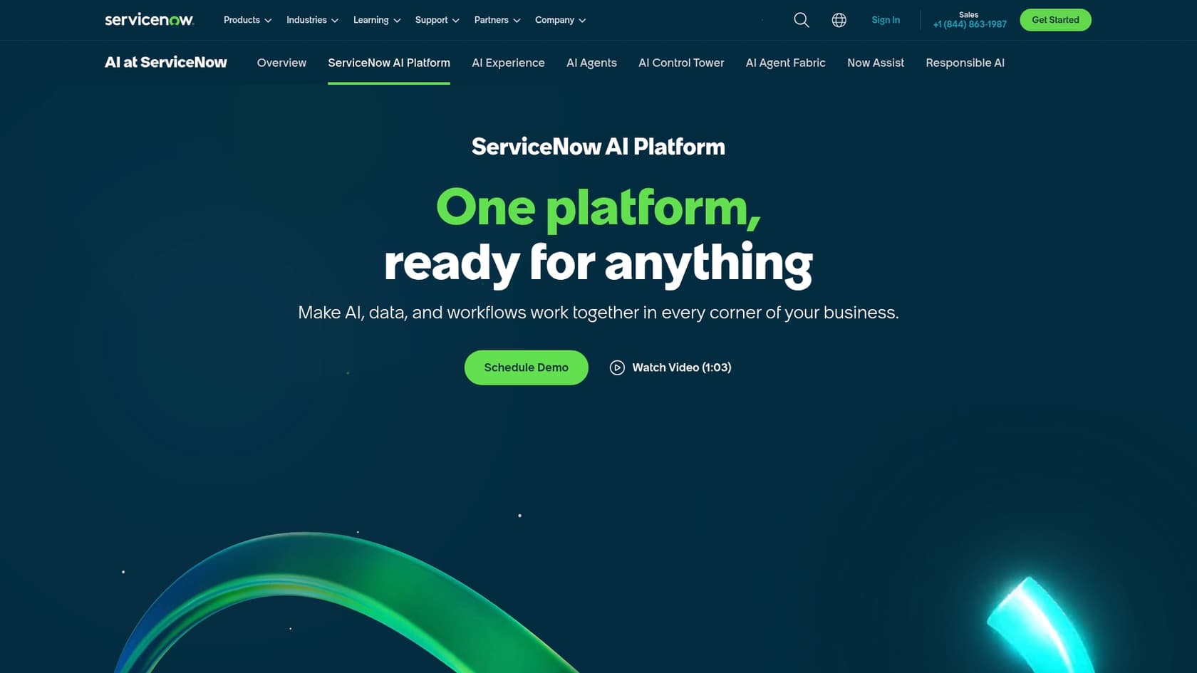 A screenshot of the official ServiceNow Platform page, which showcases the core features of the ServiceNow platform.