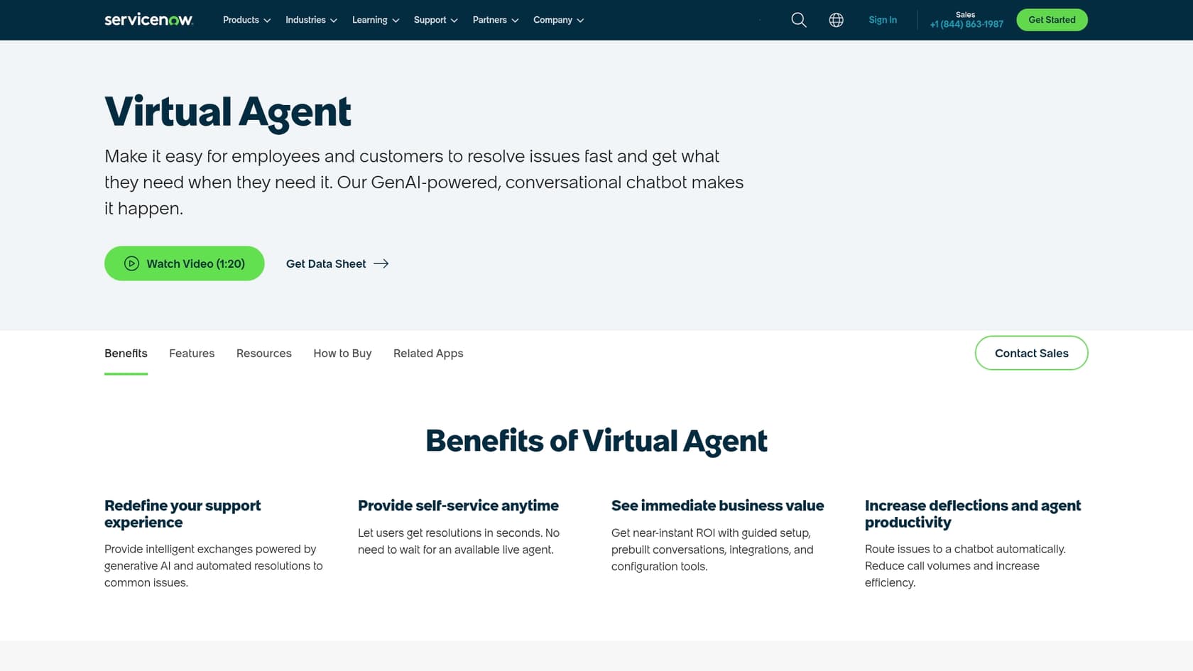 A screenshot of the ServiceNow Virtual Agent landing page, showcasing one of the leading ServiceNow AI tools.
