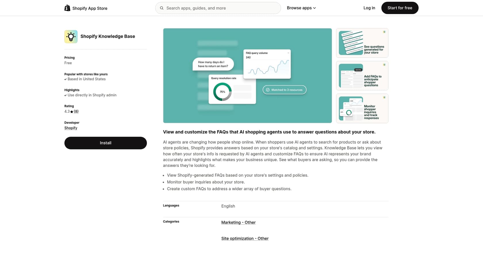 A screenshot of the Shopify Knowledge Base app, for creating a library of frequently asked questions.