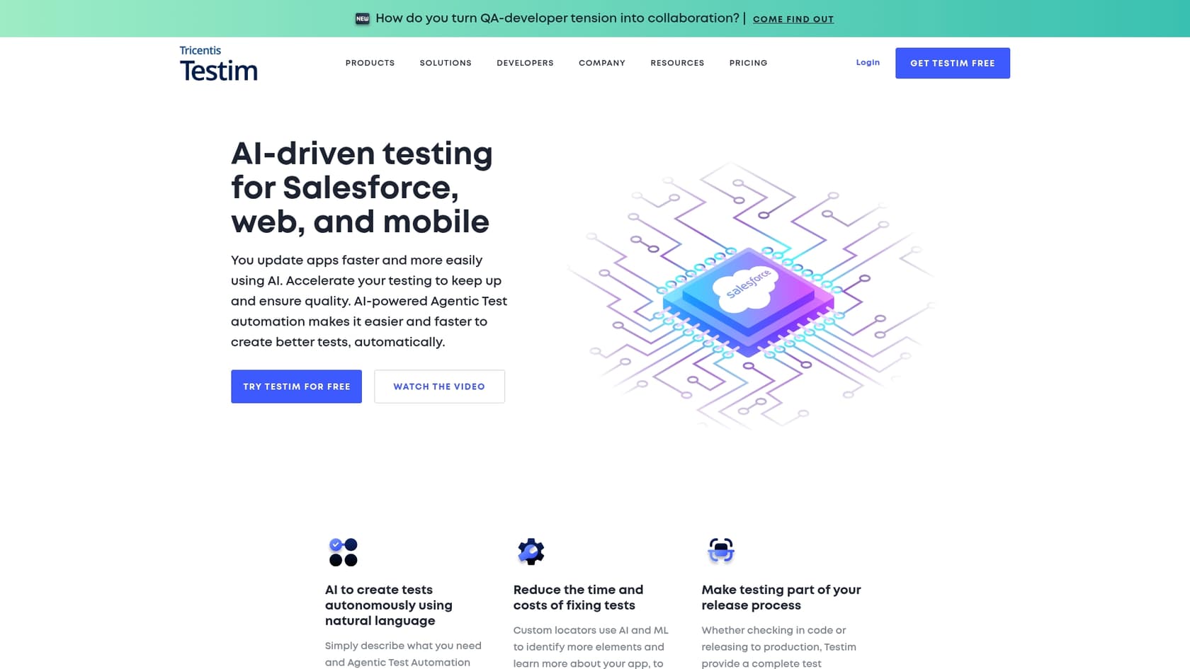 A screenshot of the Testim landing page, an AI-powered test automation tool for software testing in Jira.