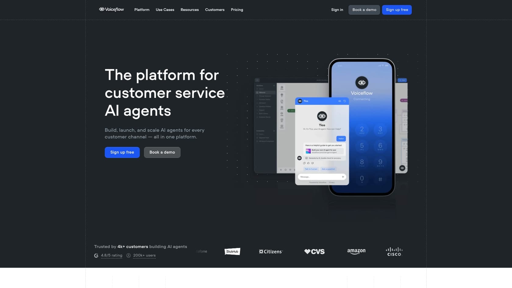 A screenshot of the Voiceflow landing page.