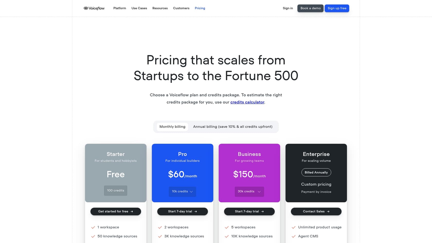 A screenshot of the Voiceflow pricing page.