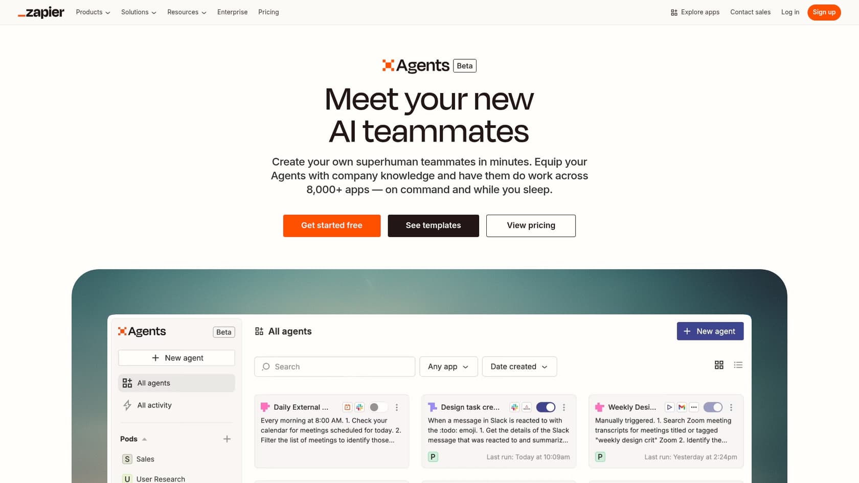 A screenshot of the Zapier Agents landing page, a unique option among ChatGPT group chat alternatives for workflow automation.