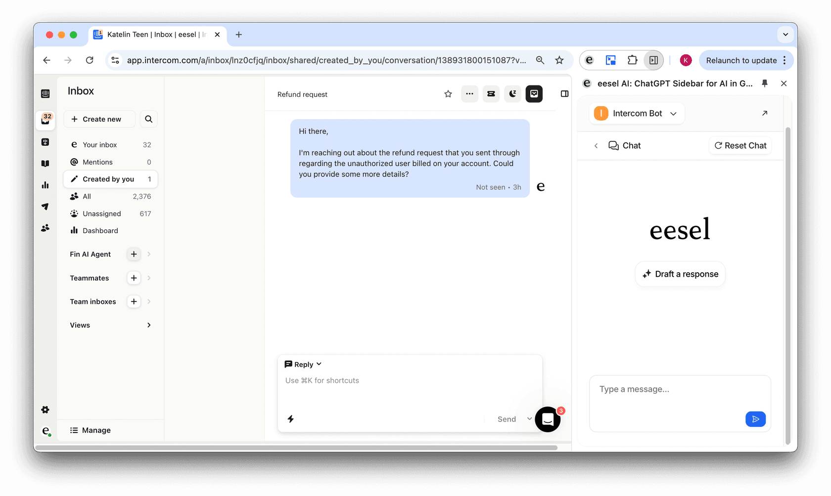 eesel AI Copilot drafting personalized responses within Zendesk