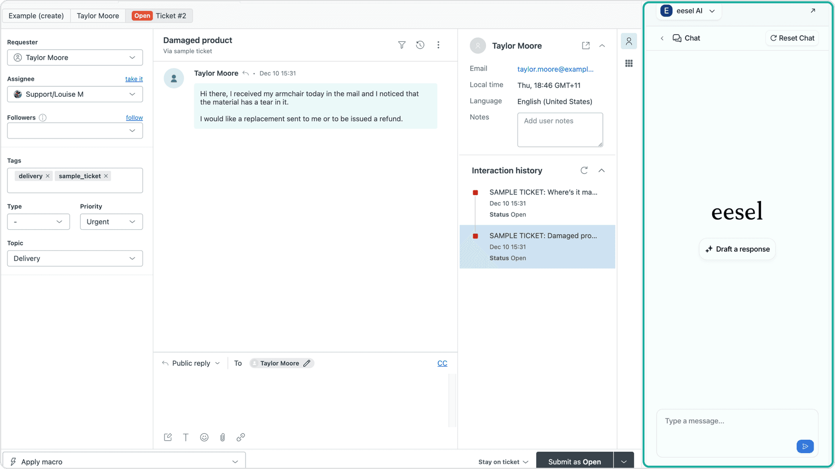 The eesel AI Copilot demonstrating features for AI customer service companies.