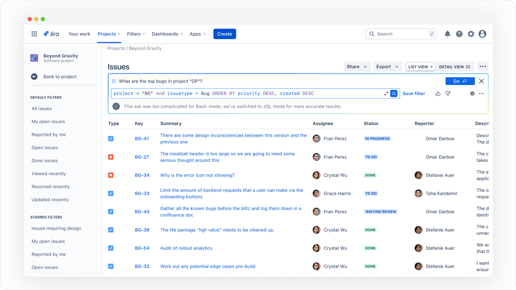 Jira Issue Navigator translating a natural language query into JQL with AI assistance.