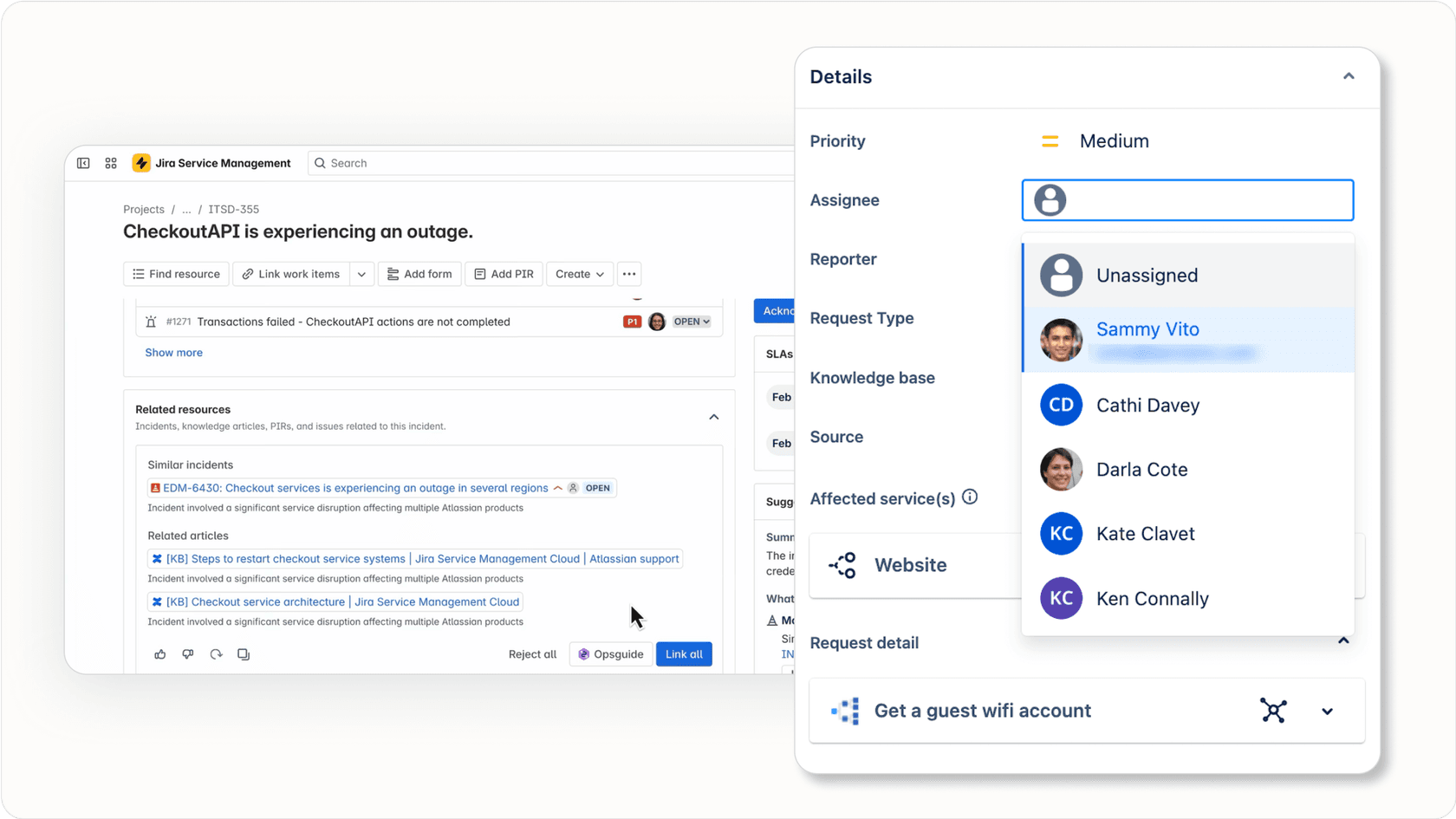 Jira Service Management showing AI-powered predictive agent assignment for an issue.