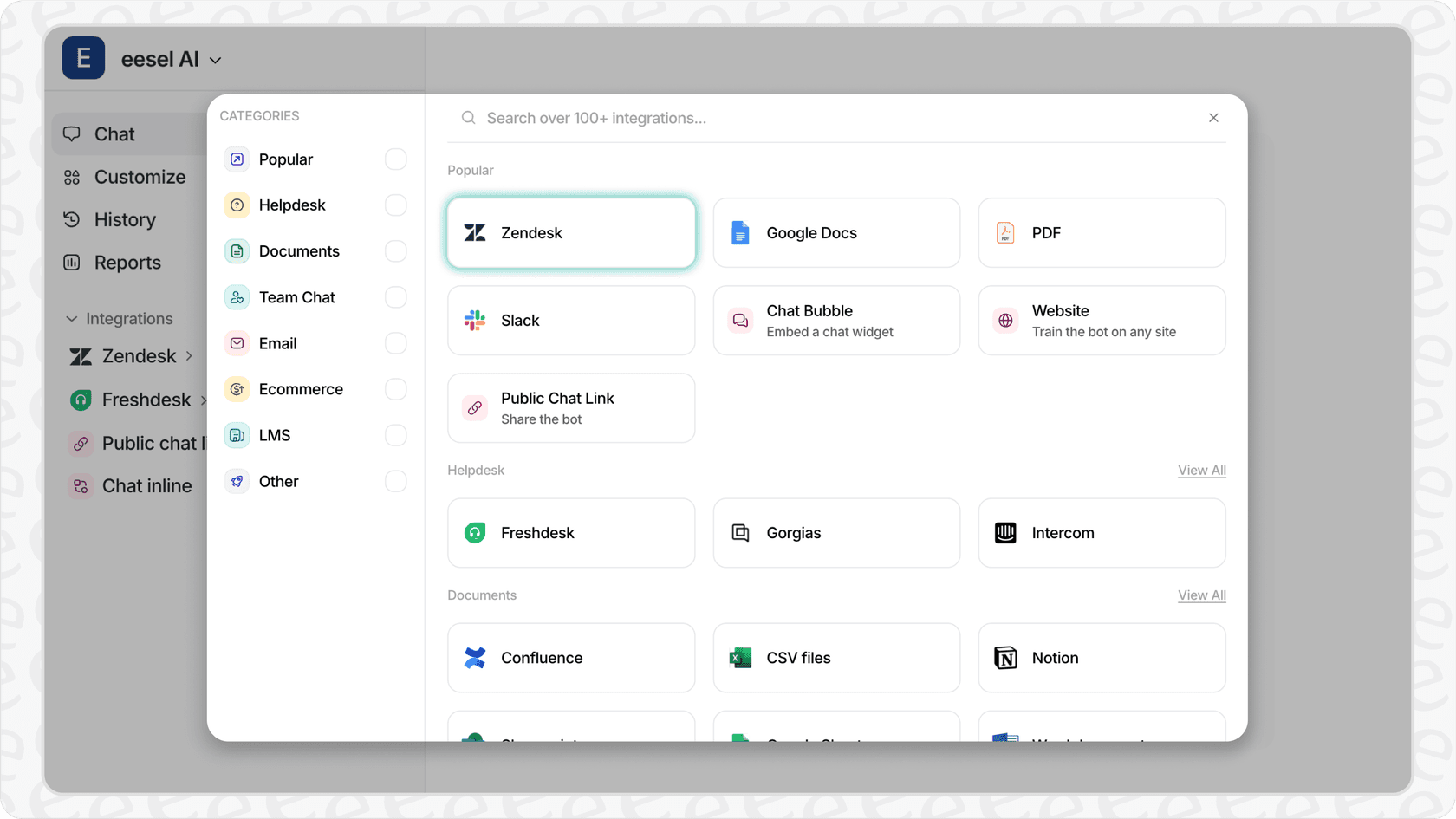 eesel AI dashboard showing connected data sources for AI and automation support.