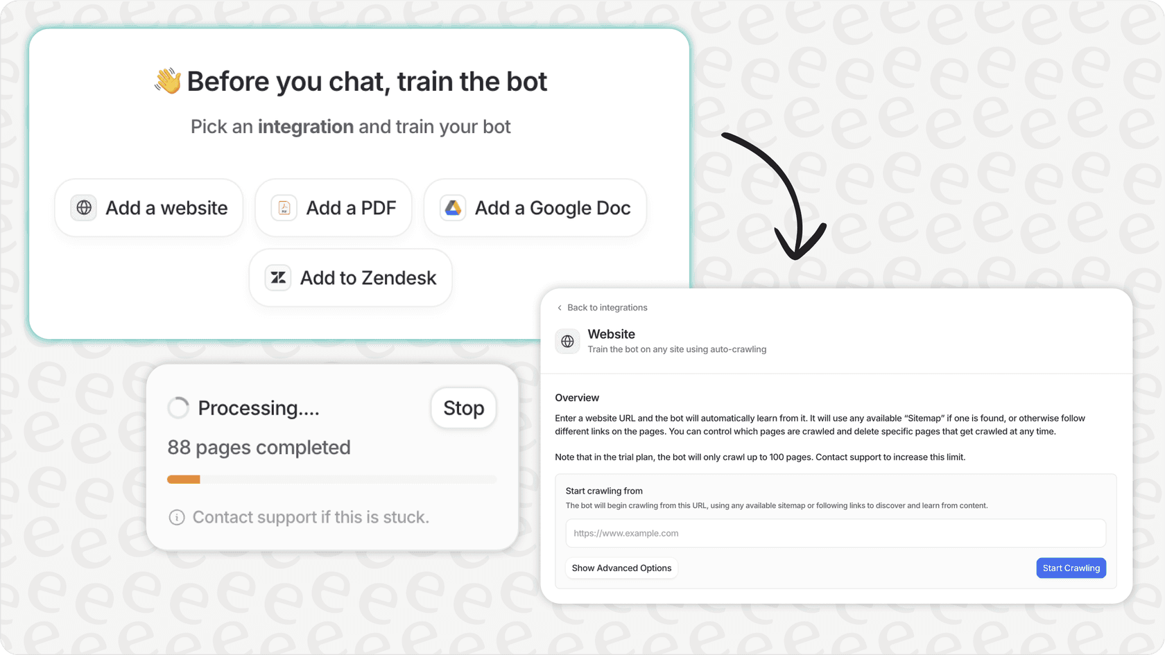 eesel AI training interface with data source options for AI and automation support.