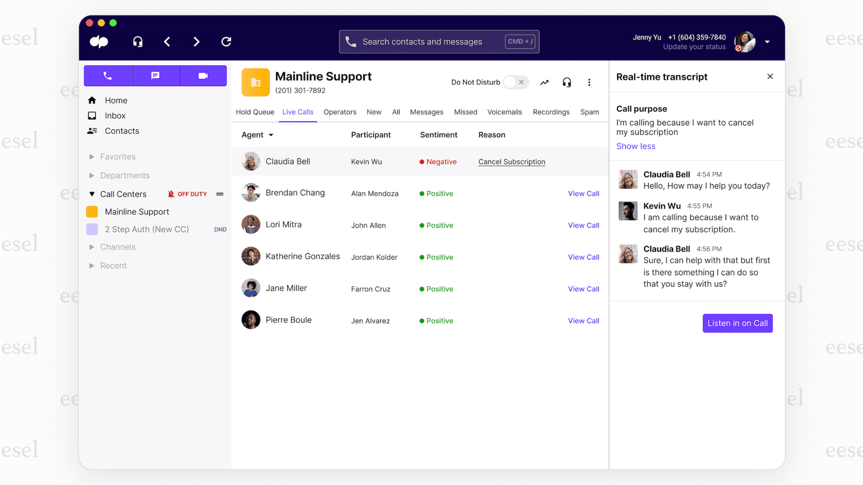 A manager's view of live call analysis in the Dialpad platform.