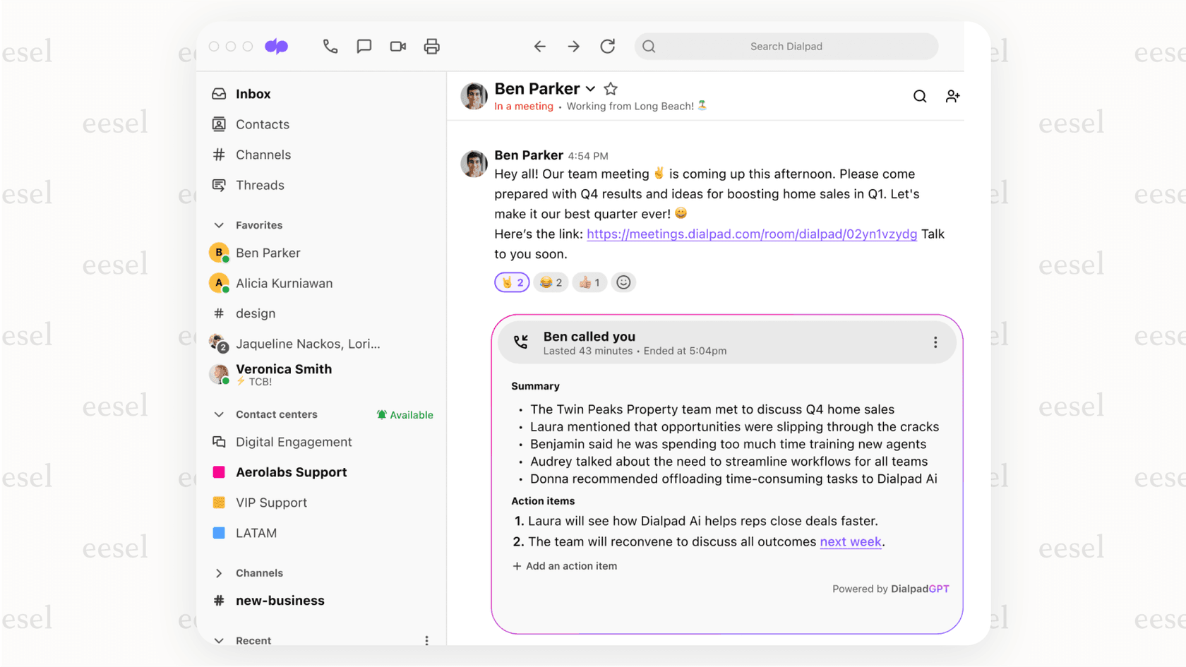 An automated AI recap and action suggestions from a Dialpad call. 