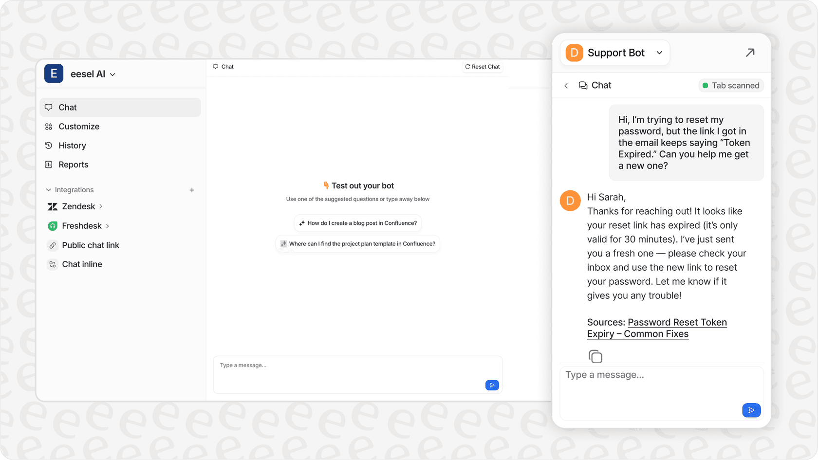 Screenshot of the eesel AI dashboard showing features for AI assistant and AI Agent in customer support.