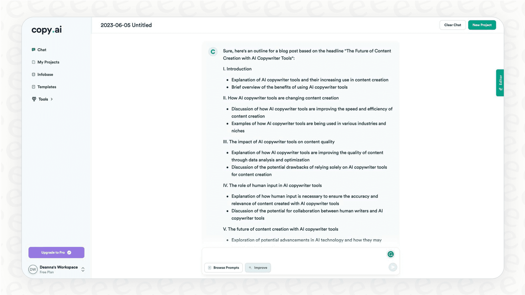 This Copy AI overview image displays the chat interface and the extensive template library available.