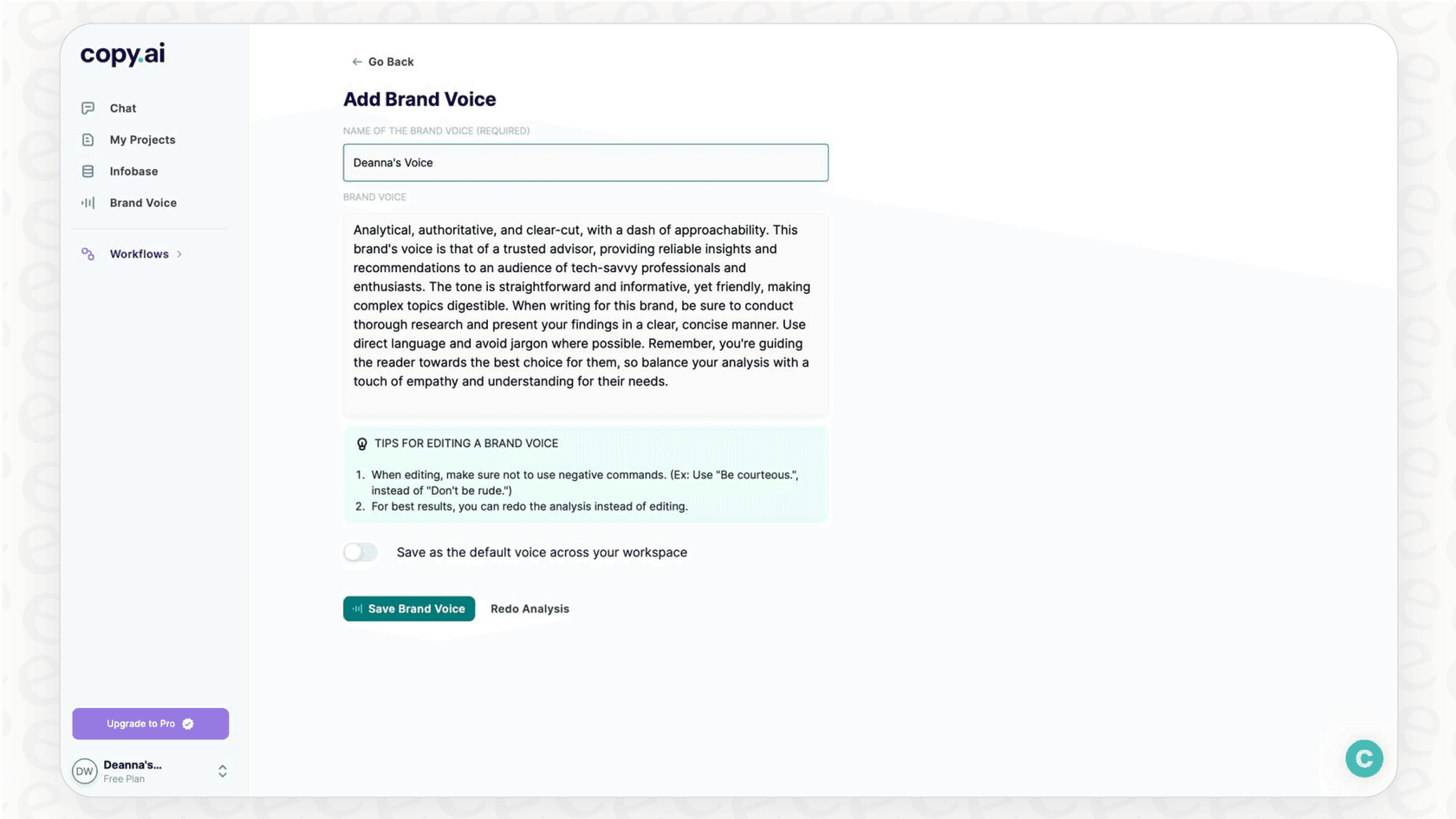 A screenshot for this Copy AI overview of the Brand Voice and Infobase features in action.