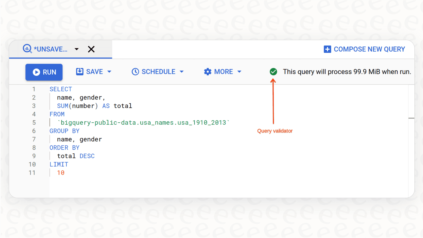 A screenshot of the BigQuery pricing query validator, an important tool for estimating on-demand query costs before running a job.