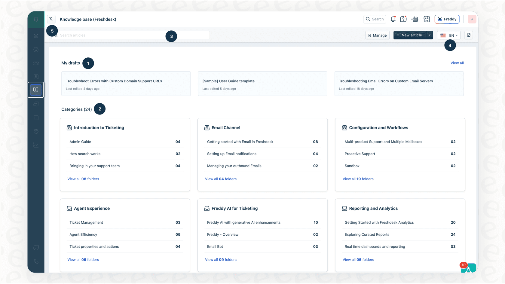 A look at the Freshdesk knowledge base interface where the Solution Article Generator is used.