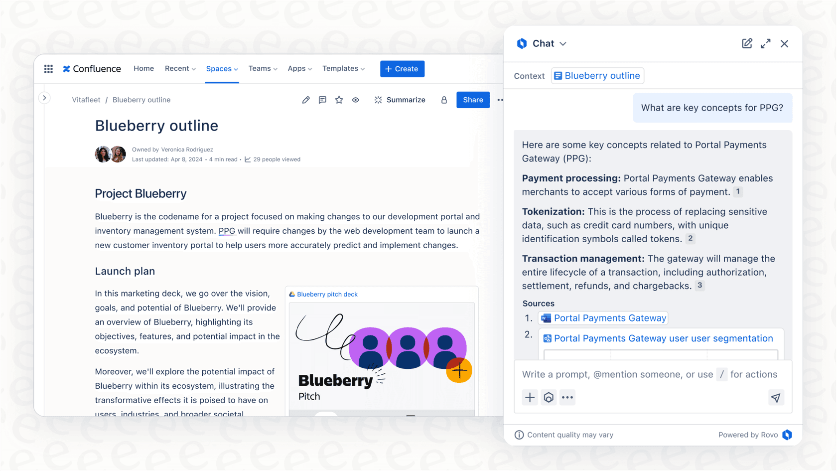 A screenshot showing the Rovo Chat interface providing an AI-generated answer to a user