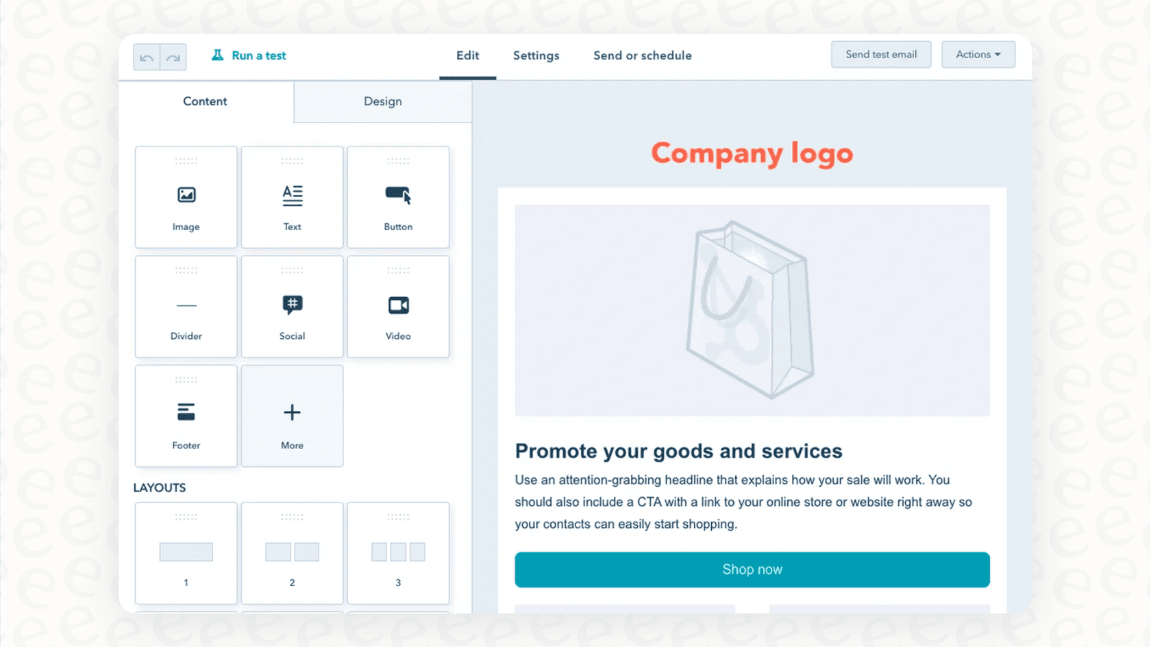 A screenshot of the HubSpot email builder, which is a great example of how to use AI in HubSpot CRM to create marketing emails.