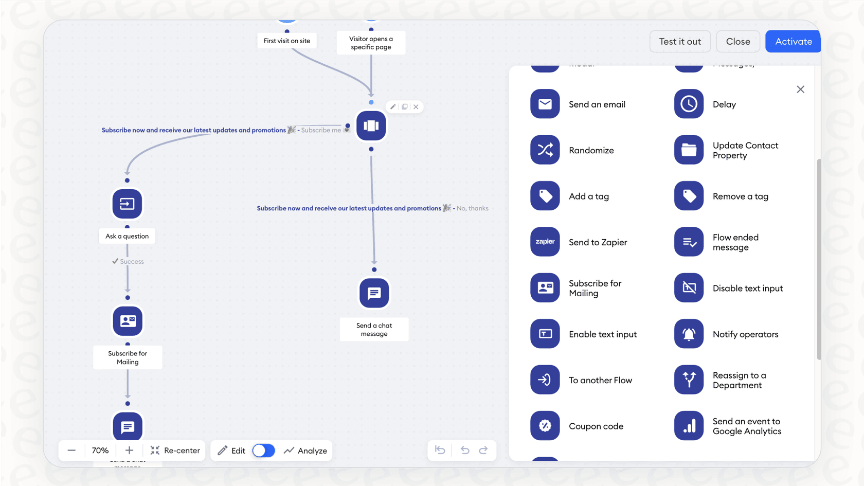 A screenshot of the Tidio Flows feature, which allows you to create automated chatbot conversations. The Tidio panel is visible in the background.