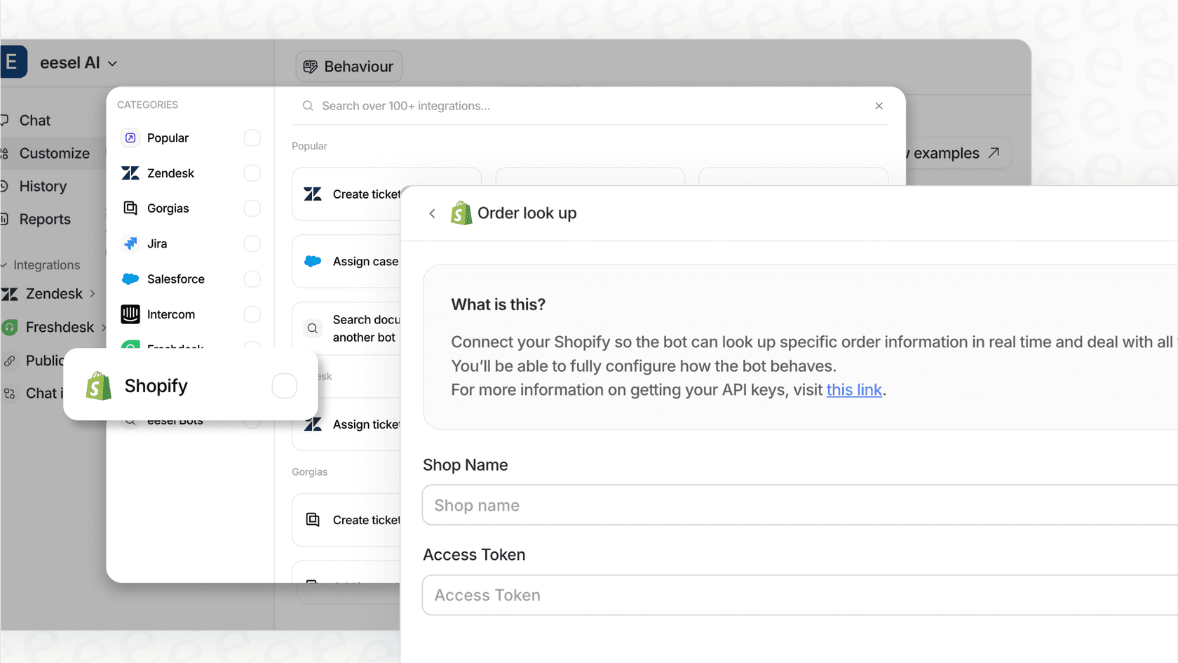 This image shows the eesel AI interface for setting up custom actions via API calls, which allows the AI agent to automate workflows beyond what the standard ChatGPT Shopify commerce integration can do.