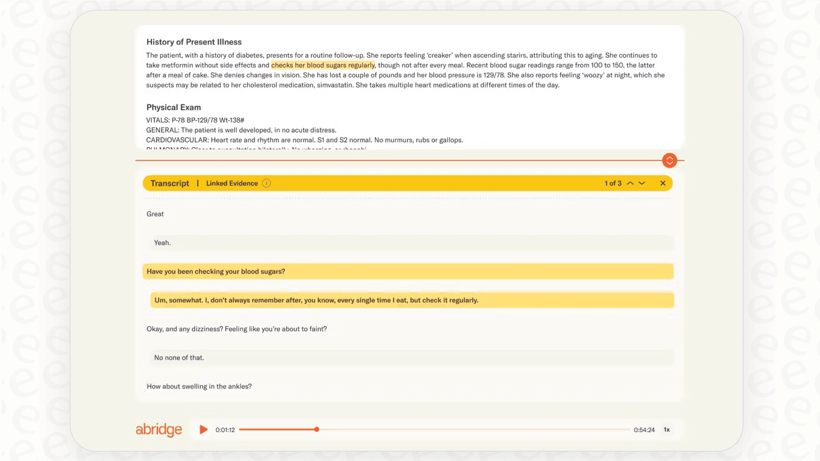 A screenshot of the Abridge AI tool used for clinical documentation.