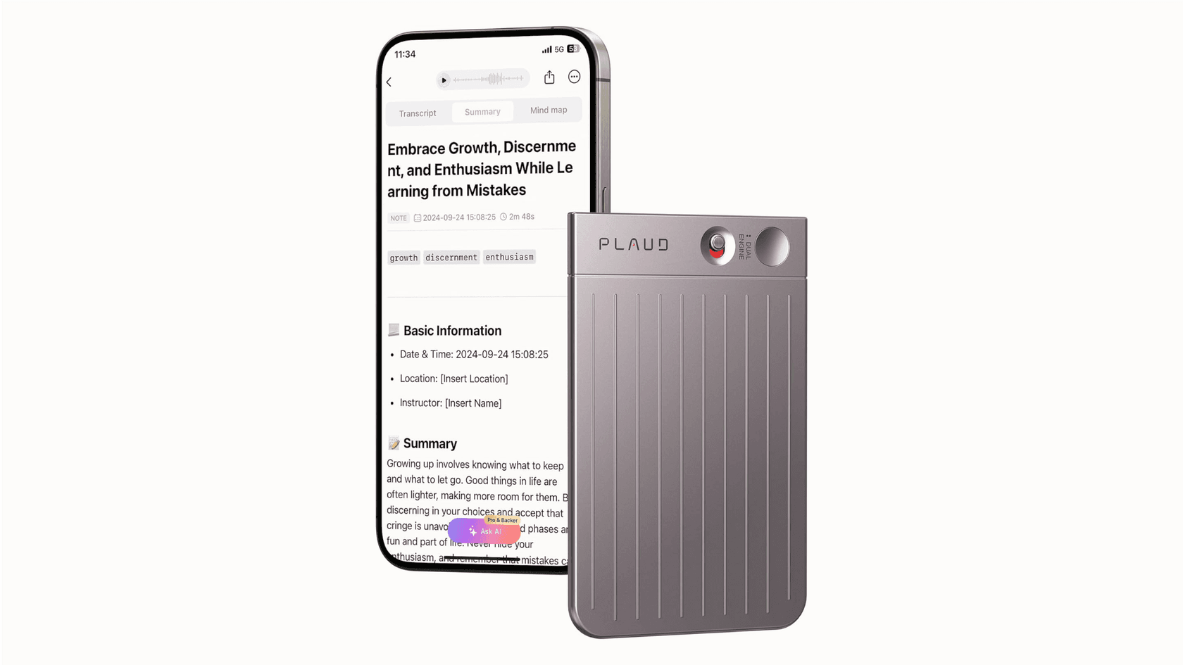 A visual representation of the Plaud AI two-part system, including the physical recorder and the AI-powered phone app.