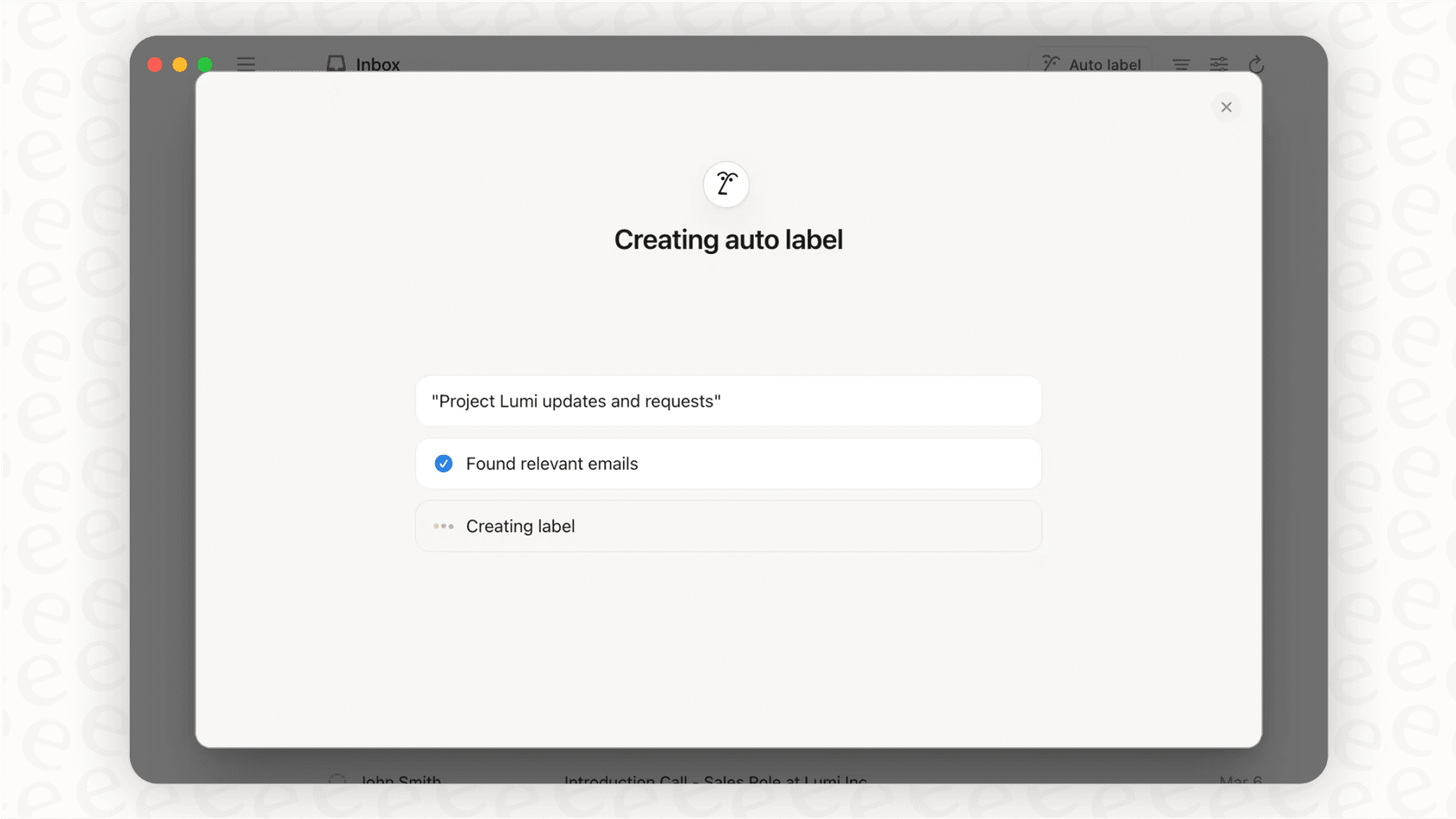 A screenshot for a Notion Mail overview demonstrating the AI auto-labeling and custom views feature in action.