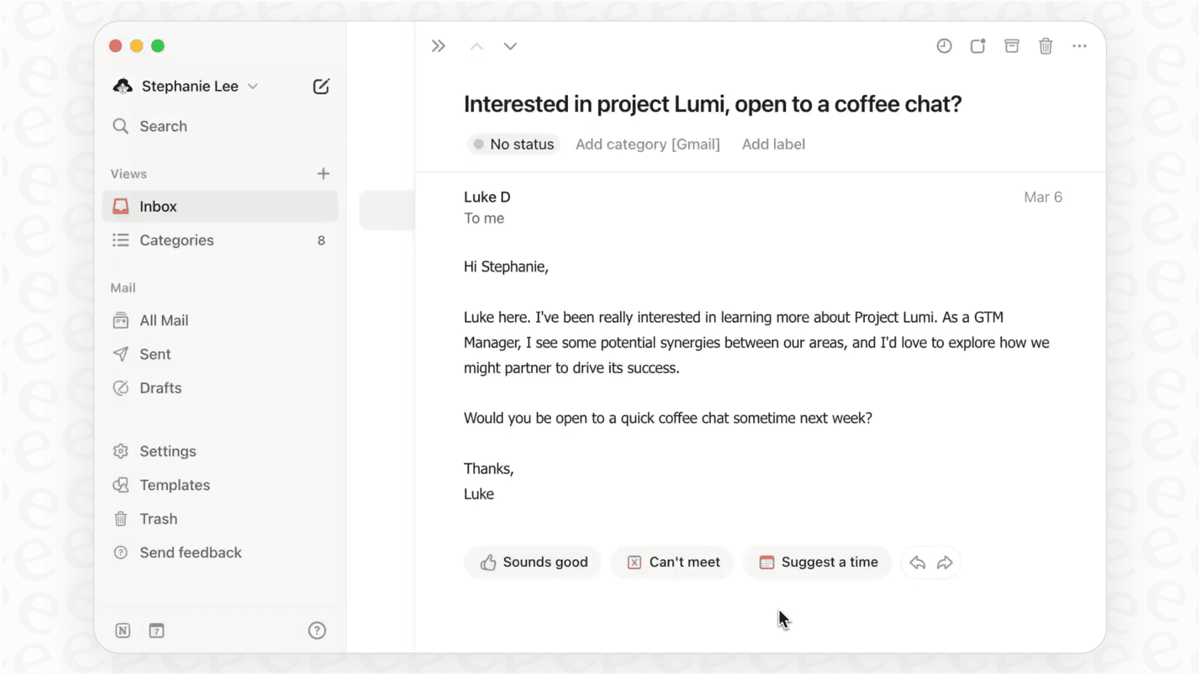A screenshot for a Notion Mail overview displaying the AI-assisted writing and snippets feature inside the email composer.