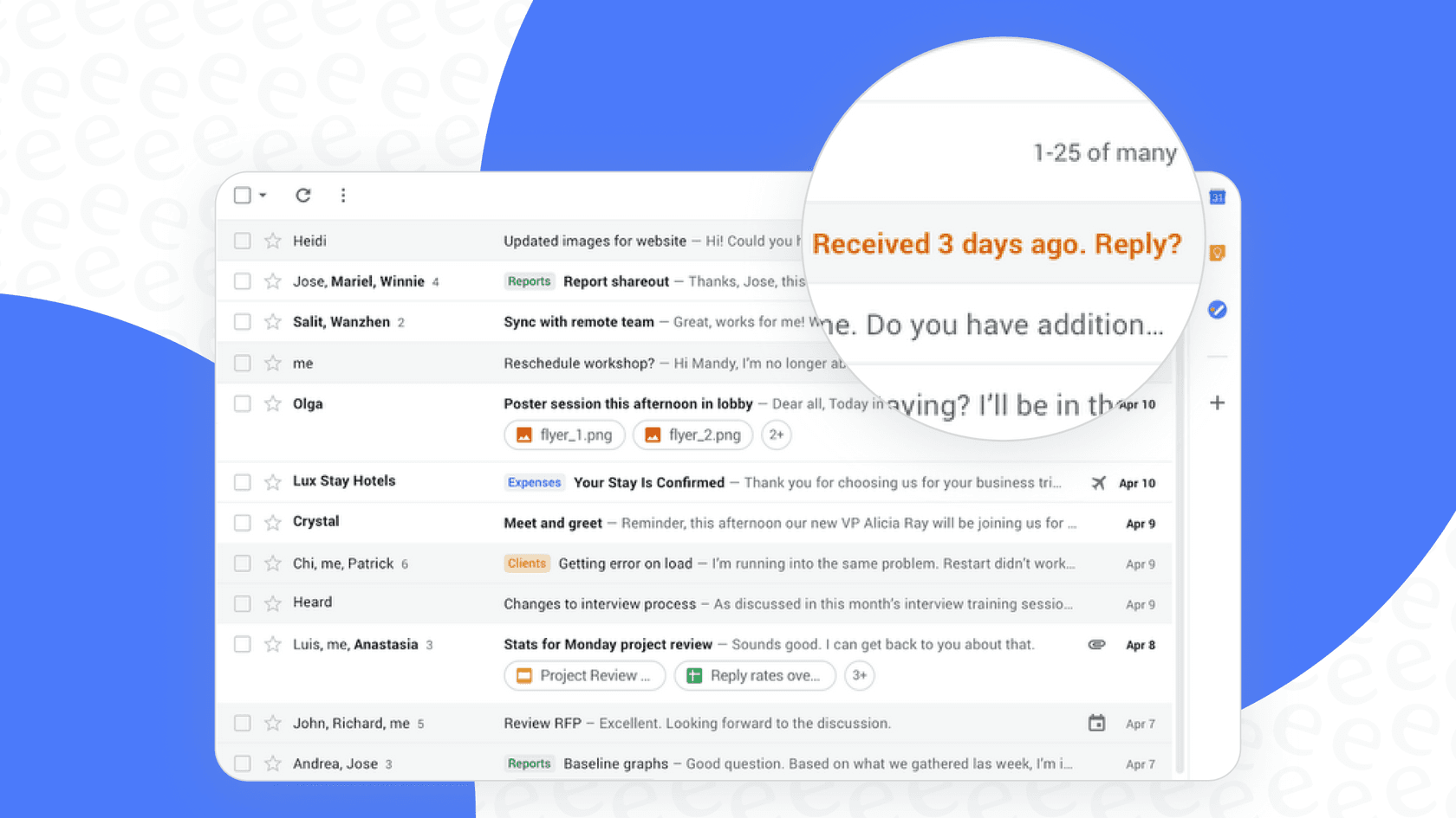 A screenshot illustrating how Gmail Nudges and follow up reminders work to bring attention to important emails.
