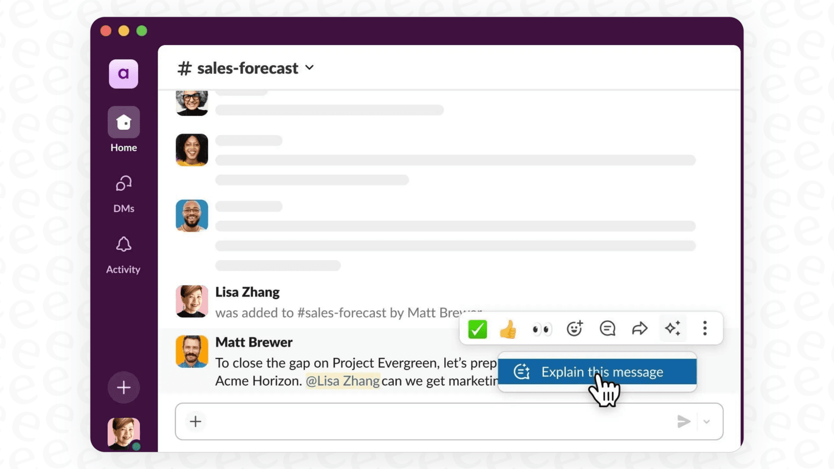 A screenshot demonstrating how the Slack AI Explain Messages tool works by providing context for an internal term directly within a Slack channel.