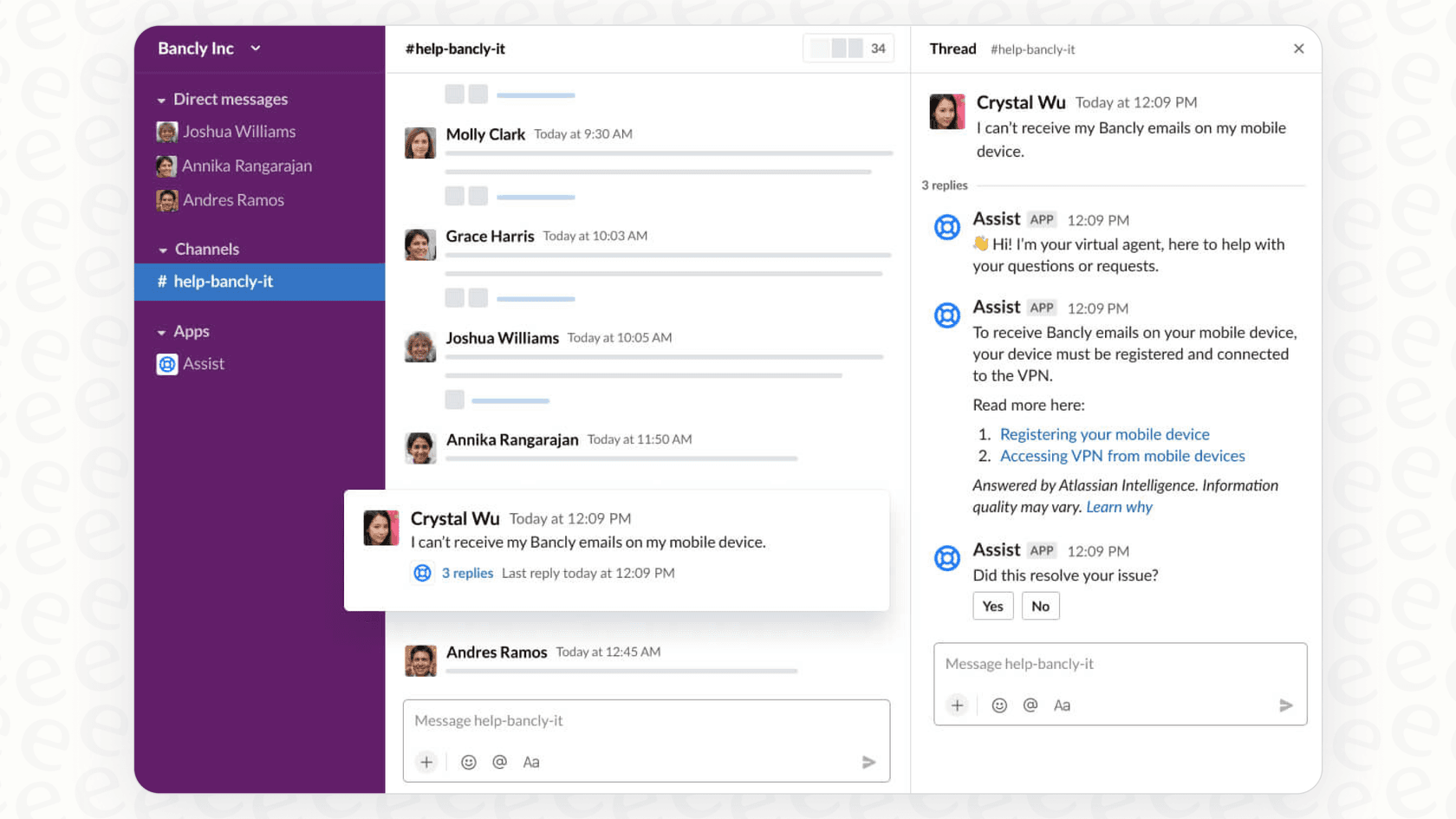 A user interacting with the virtual agent feature of Atlassian Intelligence knowledge base answers inside Jira Service Management.