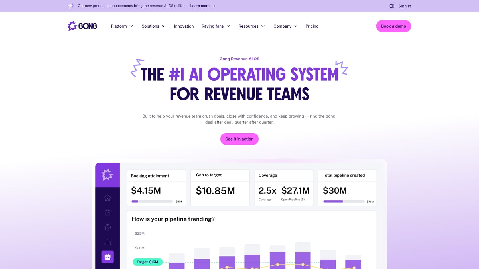 A screenshot of the Gong landing page, one of the best AI powered tools for Salesforce.