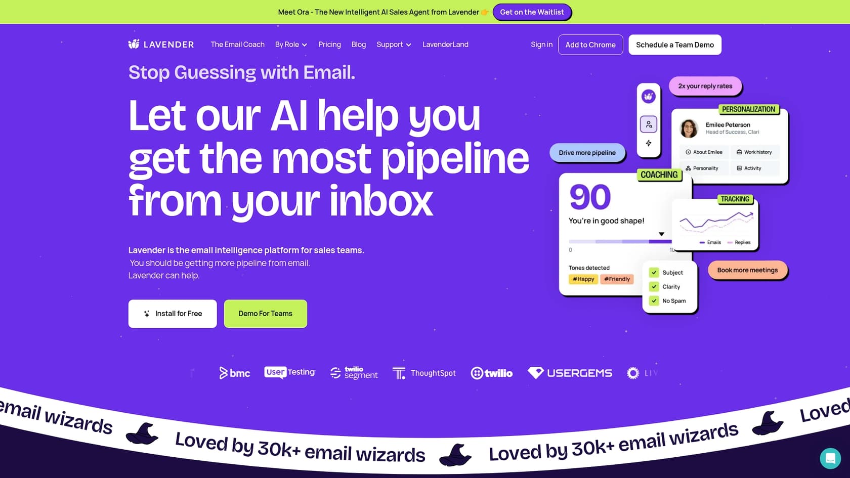 A screenshot of the Lavender landing page, one of the best AI powered tools for Salesforce.