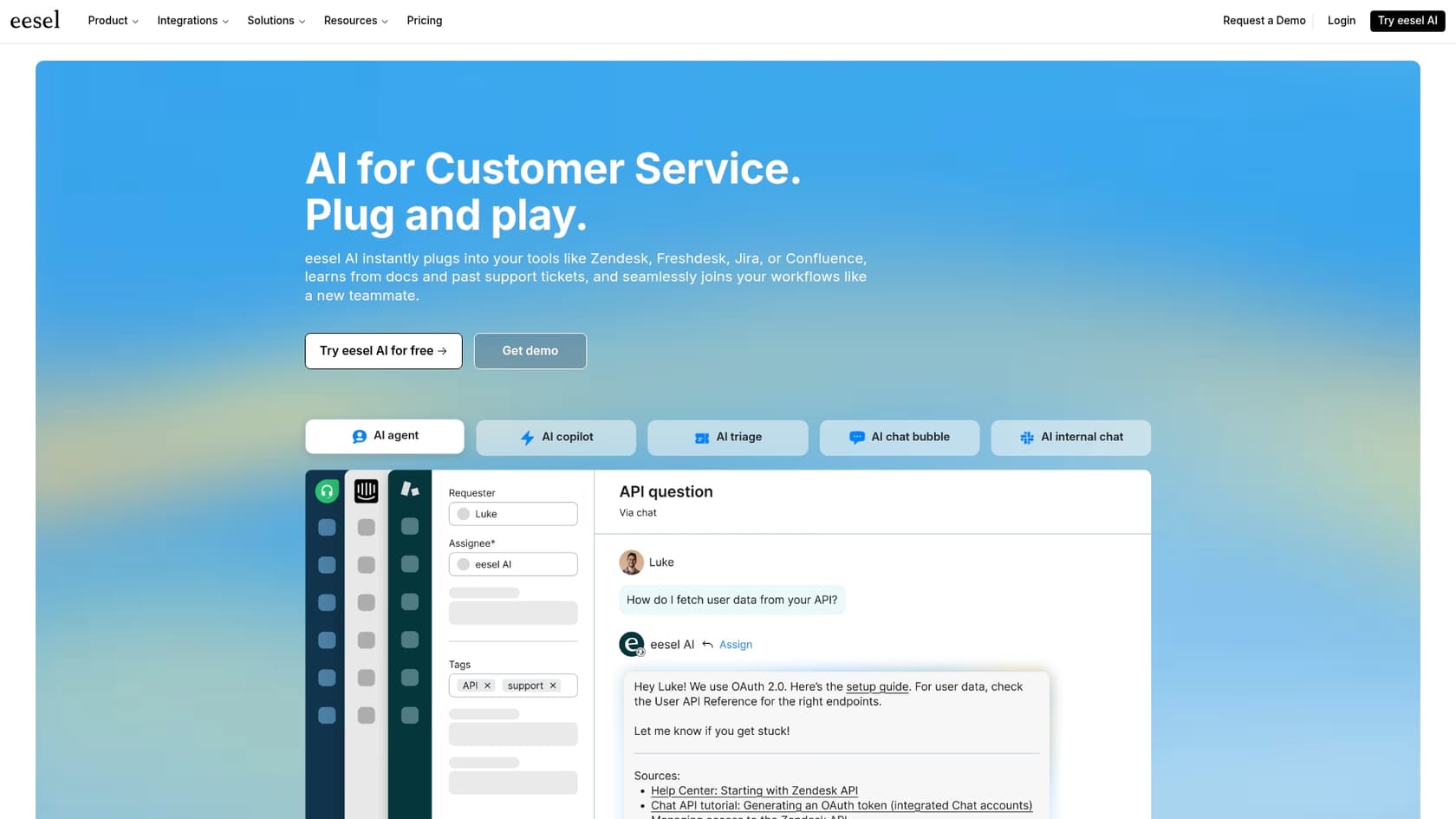 A screenshot of the eesel AI landing page, an example of a customer service chatbot.