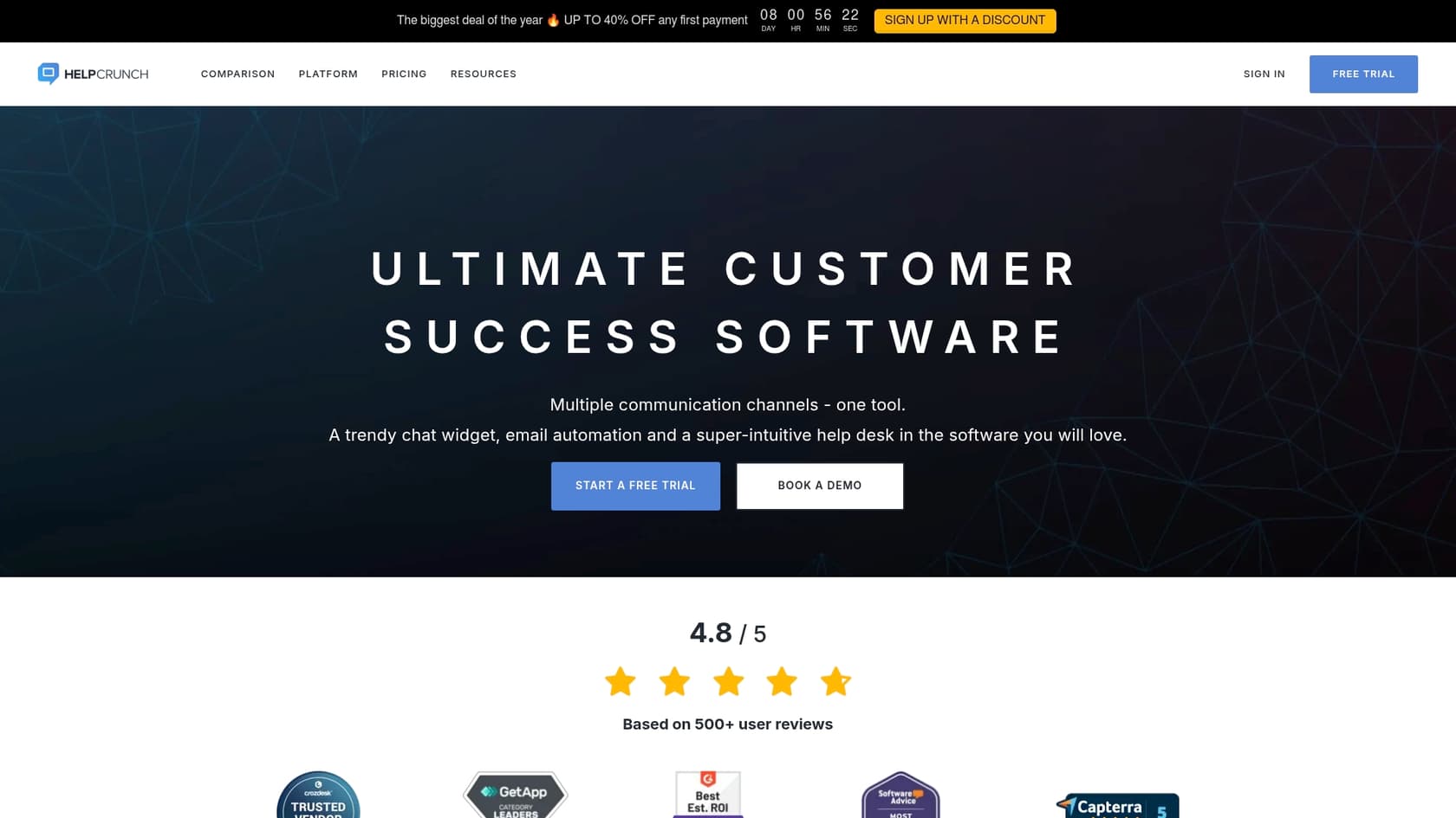 A screenshot of the HelpCrunch landing page, a ChatGPT AI assistant.