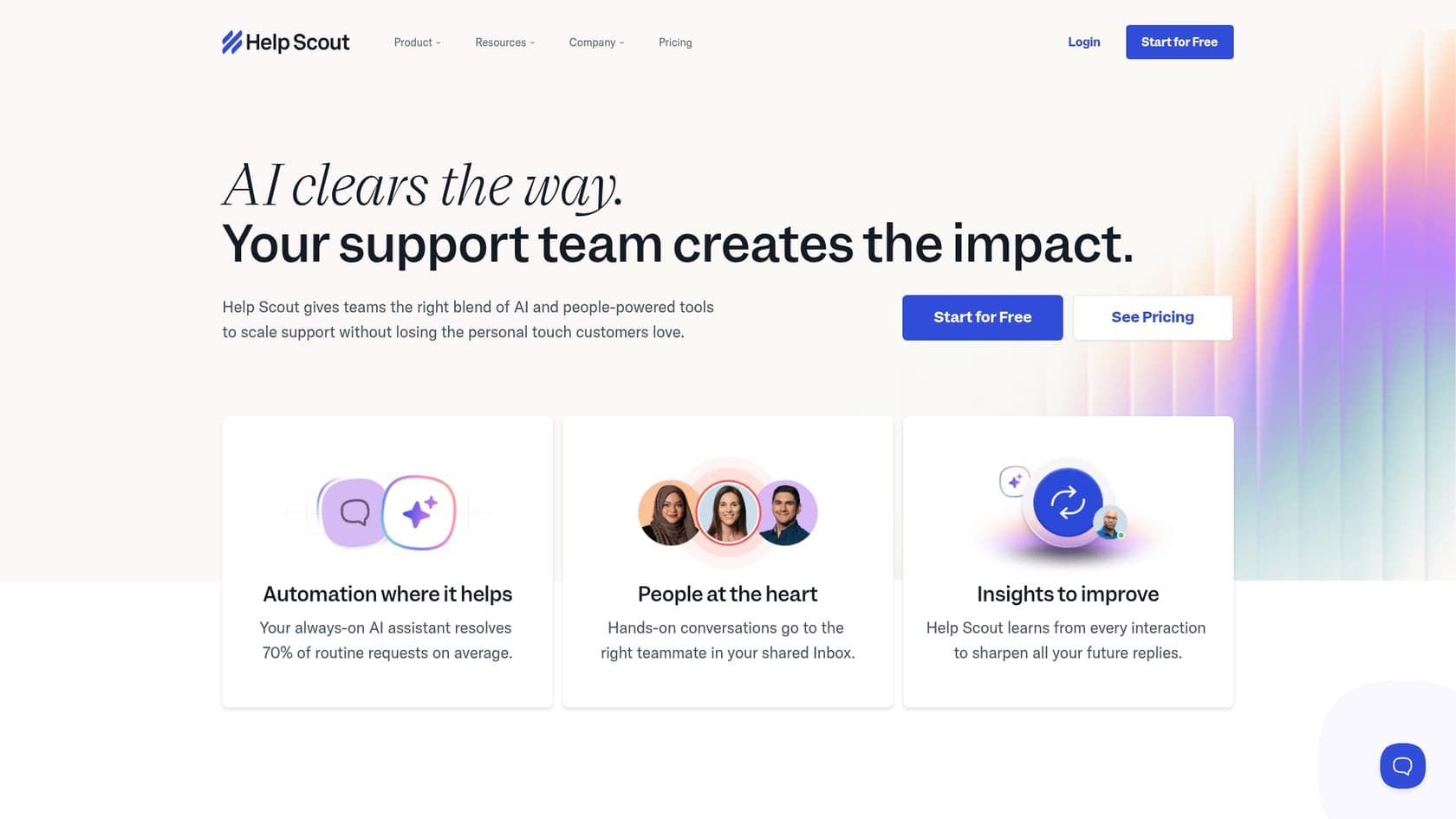 A screenshot of the Help Scout landing page, an example of a customer service chatbot.