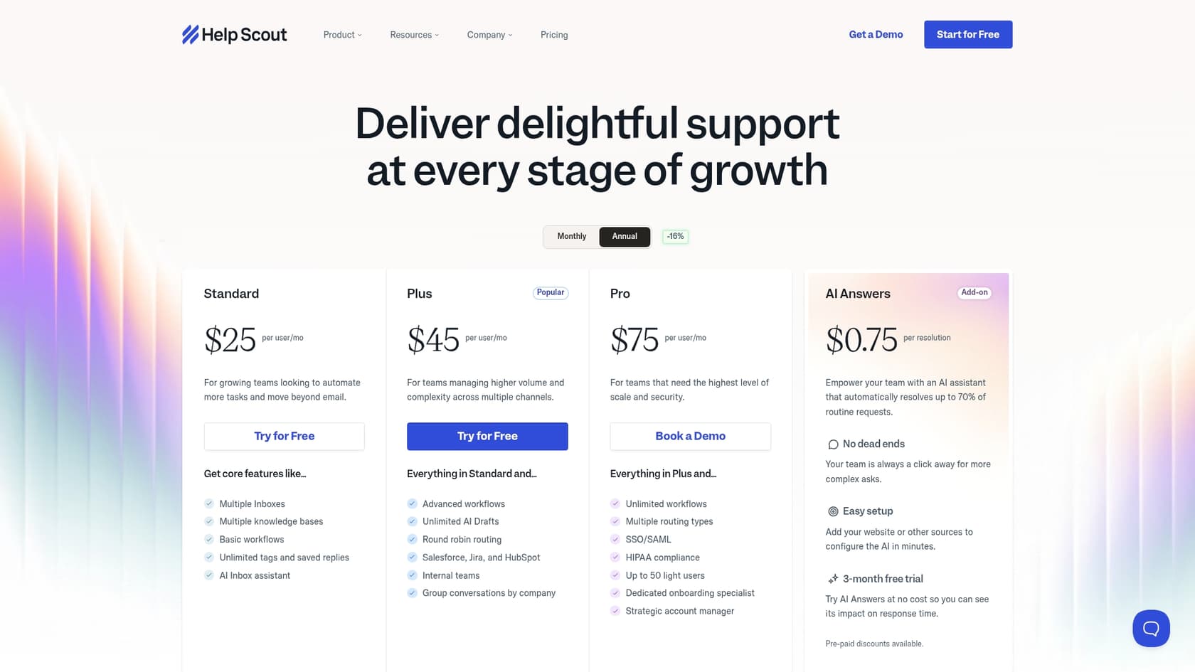 A screenshot of the official Help Scout self service pricing page, showing the different plans available.